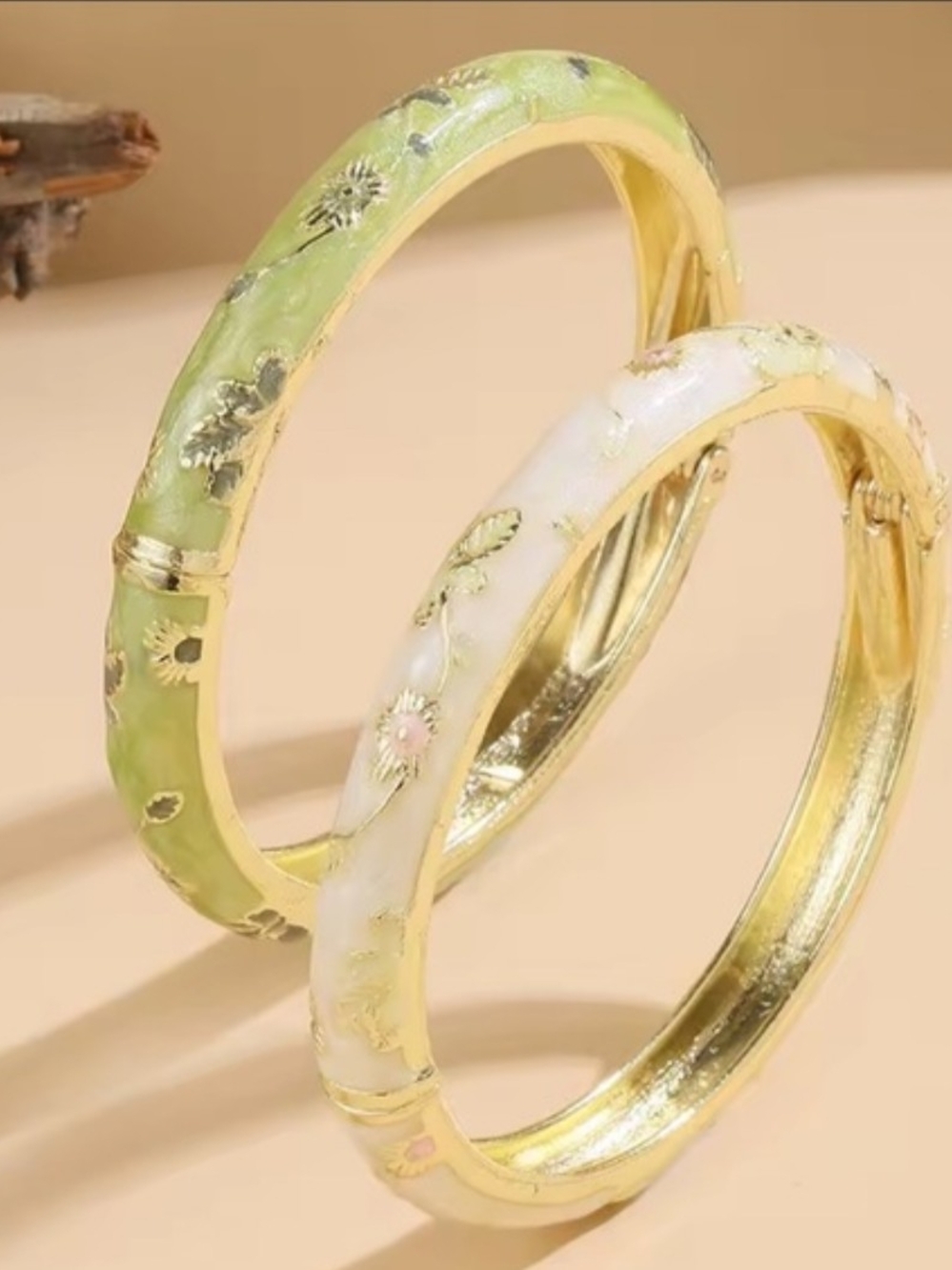 Floral Enamel Bangle Set in Cream and Light Green - Picture 2 of 12